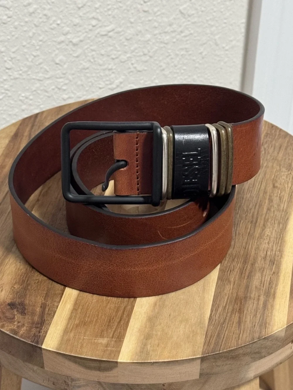 DIESEL Caramel Tan Cowhide Leather Belt TriTone Buckle US38 EU95